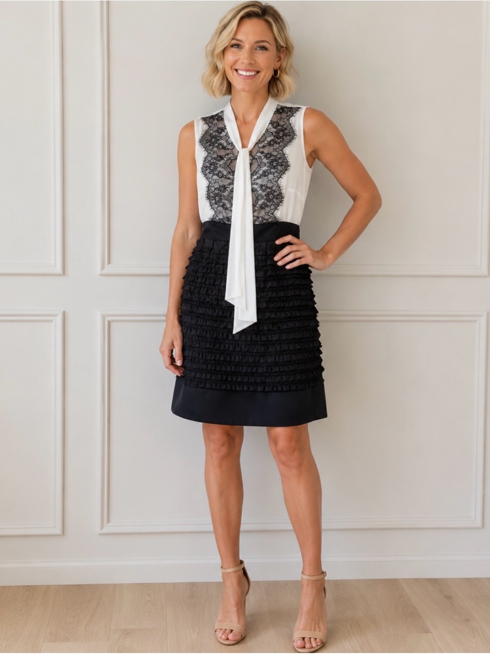 NWT Darling Amanda Black White Lace Ruffle Sheath Dress Sleeveless Tie Neck